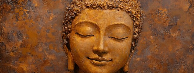 A golden Buddha face with closed eyes, smiling slightly
