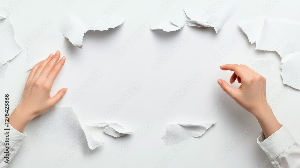 Poster Creative Hands with Torn Paper Frame on White Background