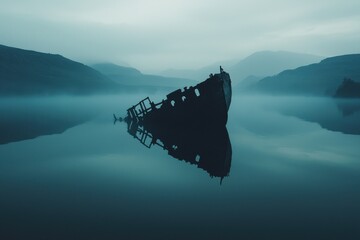 An eerie shipwreck reflected in a calm, misty lake against a backdrop of distant mountains, creating a haunting and serene atmosphere with a monochromatic color palette.