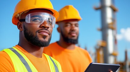 Construction workers collaborate on project at busy construction site