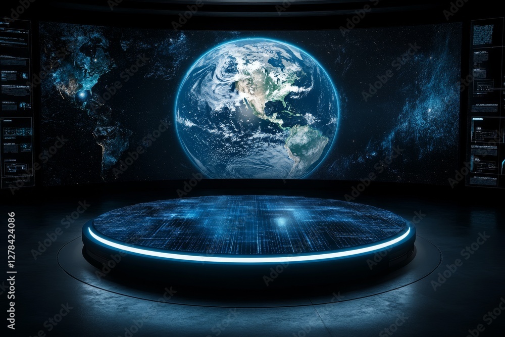 Poster futuristic earth visualization in high-tech surroundings with data