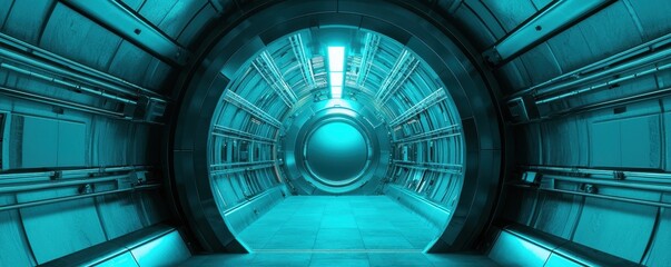A futuristic, circular tunnel illuminated in blue tones, showcasing sleek metallic walls and a sci-fi ambiance.