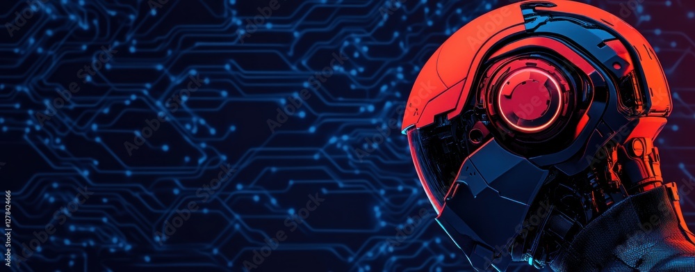 Poster Futuristic Robot Head Design with Cyber Circuit Background