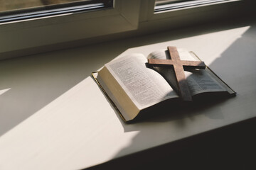 Reading the Holy Bible in home. Concept for faith, spirituality and religion. Peace, hope, dreams concept