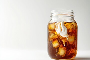 Refreshing iced coffee with cream in a mason jar, a perfect summer treat on a bright white background, inviting coolness and rich flavor.