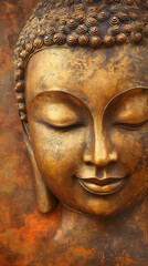 A golden Buddha face with closed eyes, smiling slightly
