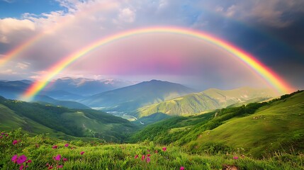 Double rainbow arching over lush green mountain valley with wildflowers.