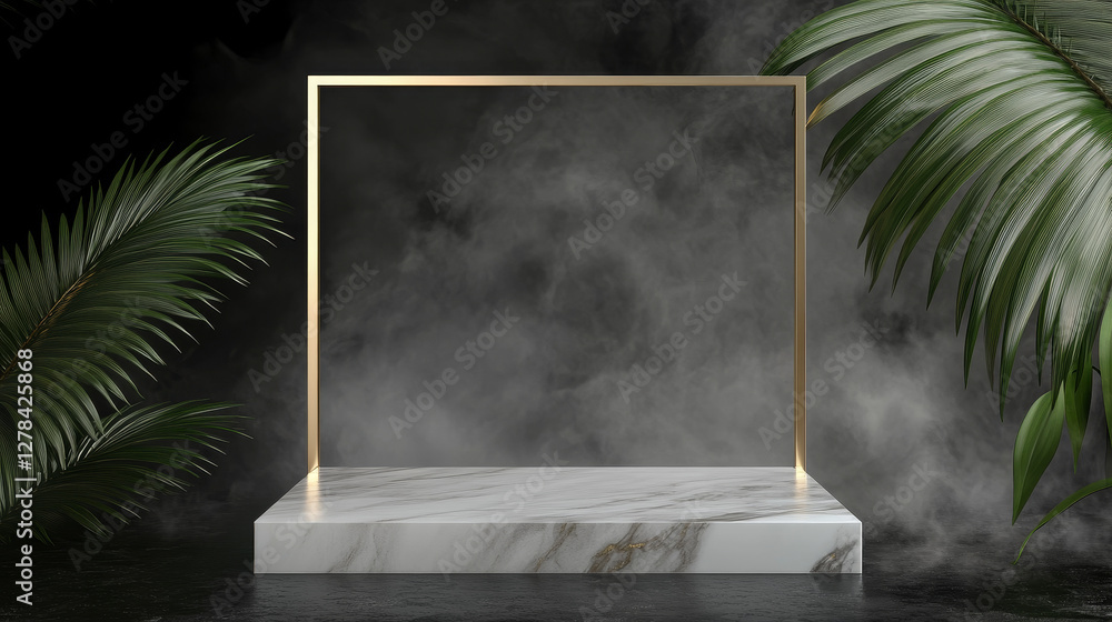 Aufkleber hexagon marble stone product podium with golden circle frame and palm leaves on black background wit