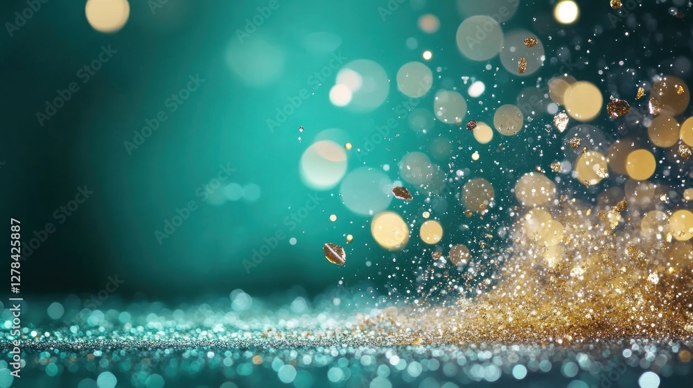 Poster Shimmering Bokeh Effect with Gold Glitter on Bright Background