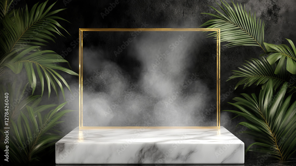Aufkleber hexagon marble stone product podium with golden circle frame and palm leaves on black background wit