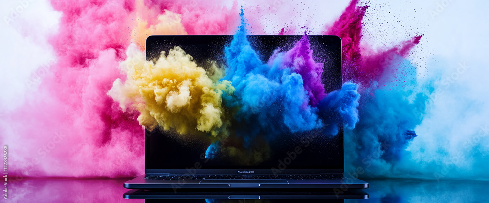 Poster a laptop surrounded by vibrant colored powder explosions, symbolizing creativity, digital innovation