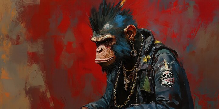punk monkey, showcasing avant-garde beauty styling, Glitter accents around the eyes, Shiny black lipstick, Electric blue hair streaks, Futuristic cyberpunk cityscape background.	