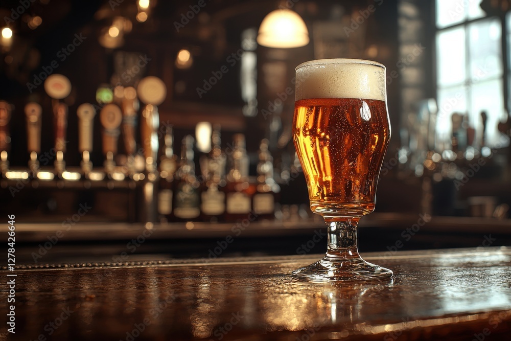Poster a close-up shot of a pint of golden beer with a thick foamy head sitting on a wet bar, with taps and