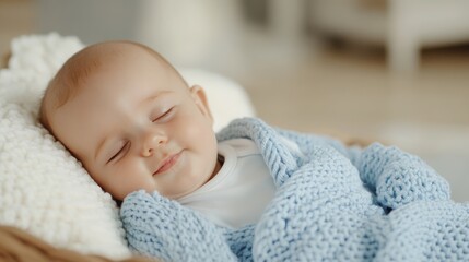 Newborn boy peacefully sleeping wrapped in soft blue shawl in cozy basket