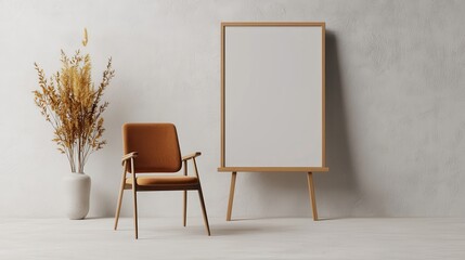 A minimalist interior featuring a wooden chair, a blank framed board, and a decorative plant in a modern setting.