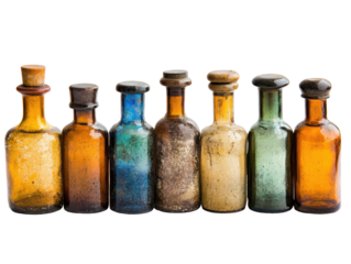 Isolated Collection of Antique Glass Bottles