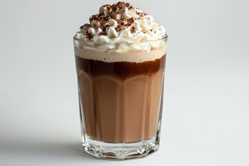 A delectable mocha drink with whipped cream and chocolate shavings on top in glass, set against a pristine white background, offering an inviting and delicious treat