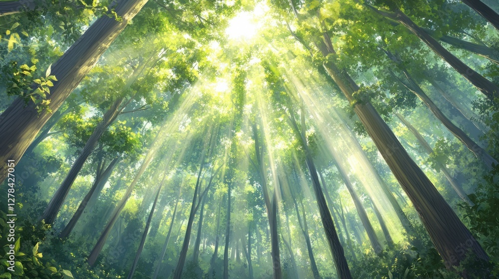 Poster sunlight filtering through trees in lush green forest