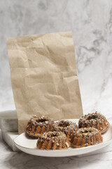 Crumpled brown blank paper and homemade sweets, baking recipe book template