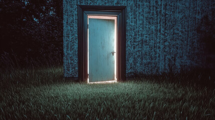 Amysteriousdoorajar,glowingfromwithin,setinanoldbuildingatnight,surroundedbytallgrass.