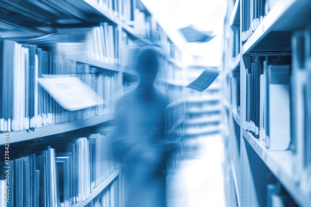 Poster a blurred image of a person sitting at a desk in a quiet library