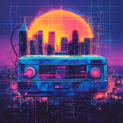 Fototapeta premium Retro City Radio, Cyberpunk Sunset