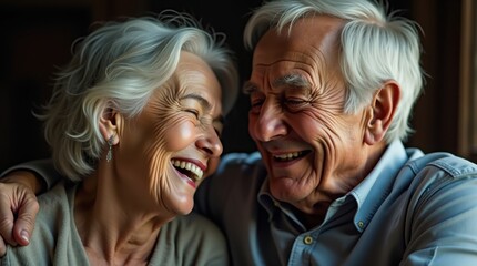Two senior individuals, one man and one woman, are delighting in each other's company as they share warm smiles and laughter. Their joyful expressions radiate love in a cozy environment