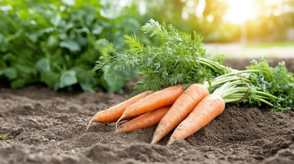 Freshly harvested carrots lying on rich garden soil at sunset