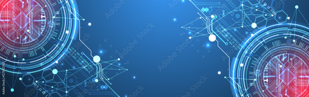 Fototapete Abstraction on the theme of tech circles. Scientific and technological background. Blue gradient on the background.