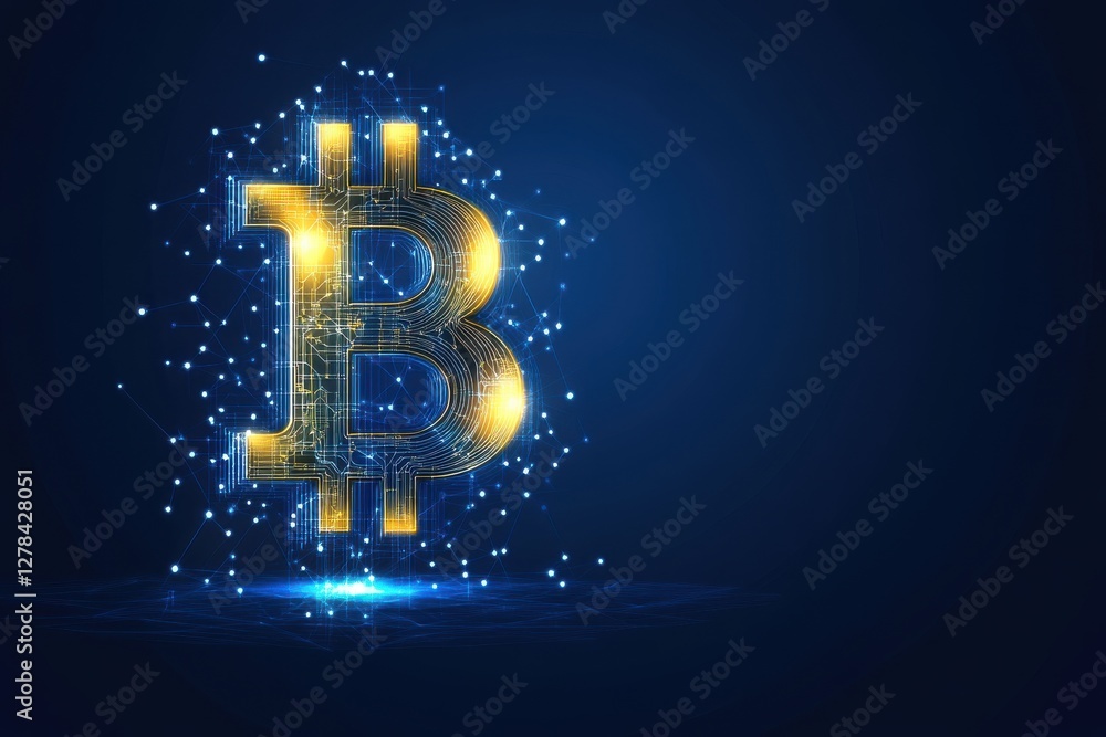 Poster digital bitcoin symbol with glowing network connections on a deep blue background, representing bloc