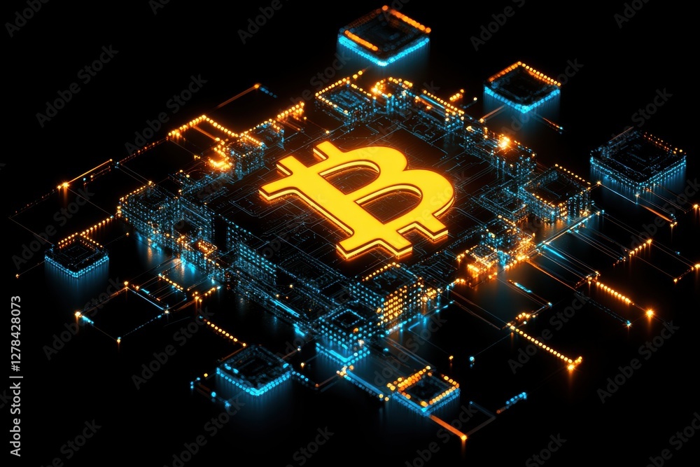 Poster glowing golden bitcoin symbol on a complex, futuristic circuit board design, representing cryptocurr
