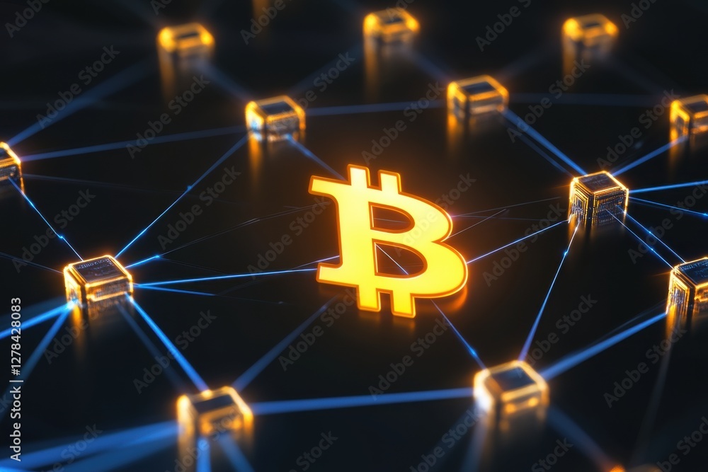 Poster a vibrant bitcoin symbol connected to a network of glowing nodes, illustrating blockchain technology