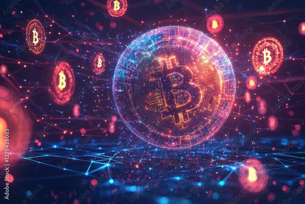Poster luminous bitcoin sphere with interconnected network, accompanied by floating bitcoin tokens, represe