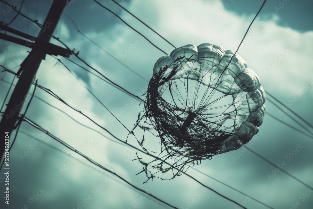 Poster a group of plastic bottles suspended from a power line, highlighting the issue of waste and pollutio