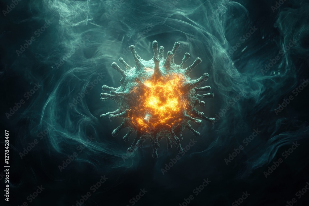 Poster an intricate microscopic representation of a virus particle, highlighting its complex structure, int