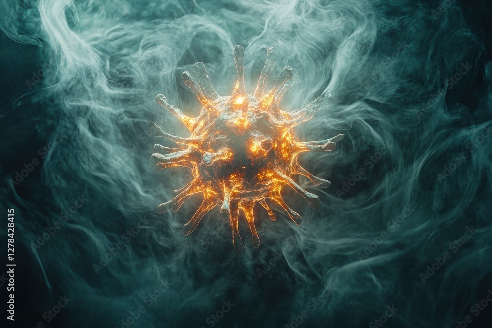 Aufkleber detailed microscopic visualization of a virus with glowing core, illustrating the complex structure 