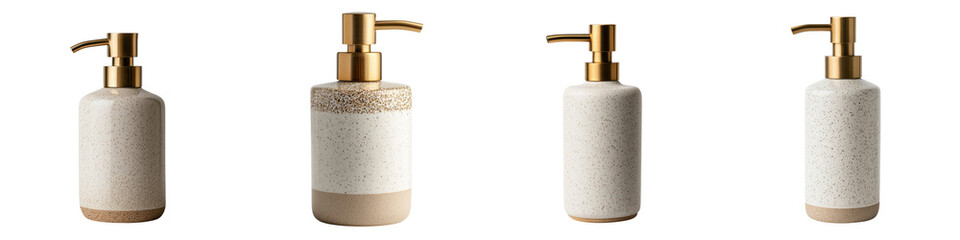 Obraz premium Elegant bathroom decor with minimalist ceramic soap dispenser and gold toned faucet fixture Modern high end