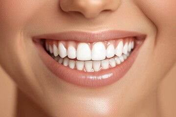 Obraz premium A radiant close-up of a woman's beaming smile revealing perfectly aligned white teeth and natural glossy lips, exemplifying oral hygiene and beauty standards for wellness promotions.
