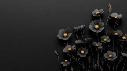 Cosmos flowers in black white and gold colors against a tranquil dark matte background