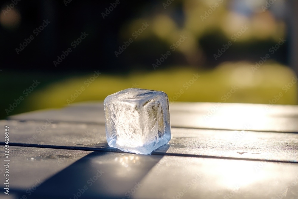 Poster a single ice block sits on top of a wooden table, great for illustrations or design projects