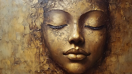 A golden Buddha face with closed eyes, smiling slightly
