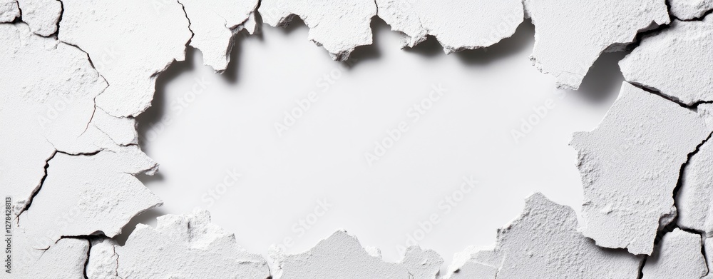 Poster cracked white wall with torn edges exposing empty space in center