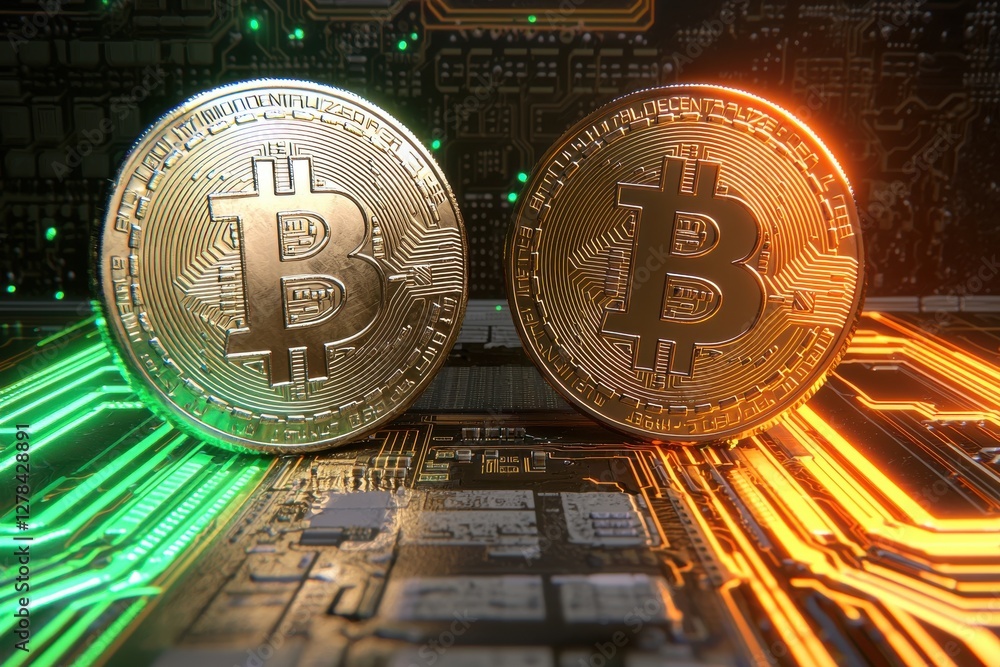 Poster close-up of two bitcoin coins, reflecting green and orange light, placed on an illuminated circuit b
