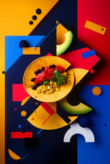 A striking composition of Mexican fillings and corn tortillas presented in a suprematist style