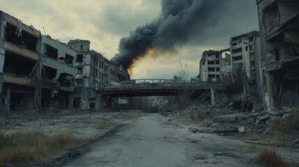 City destroy in war zone, abandoned buildings and bridge with smoke. Destruction, natural disaster or cataclysm, post-apocalyptic world ruins with broken road and street, cartoon vector illustration