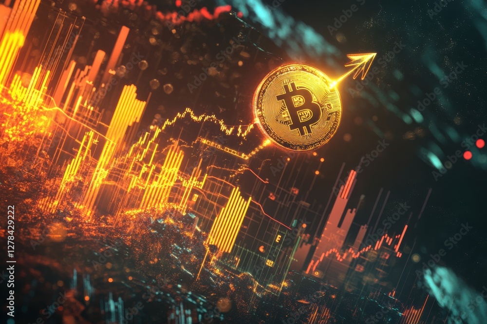 Poster dynamic visualization of bitcoin price surge, gold coin with arrow facing upward symbolizing the inc