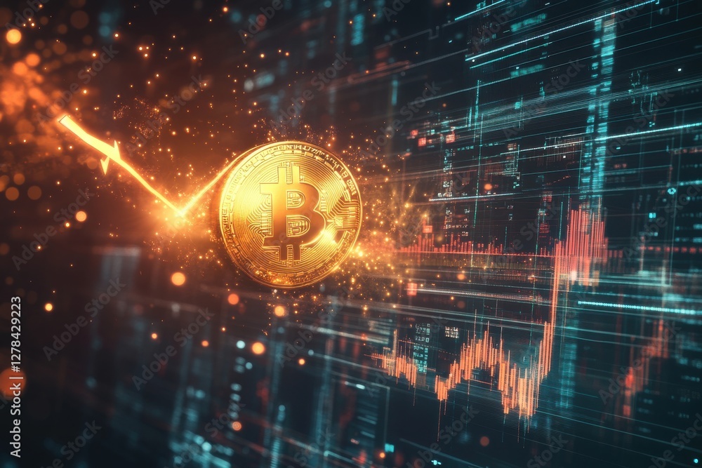 Poster digital gold rush: a dynamic image of bitcoin surge amidst financial data streams, symbolizing crypt