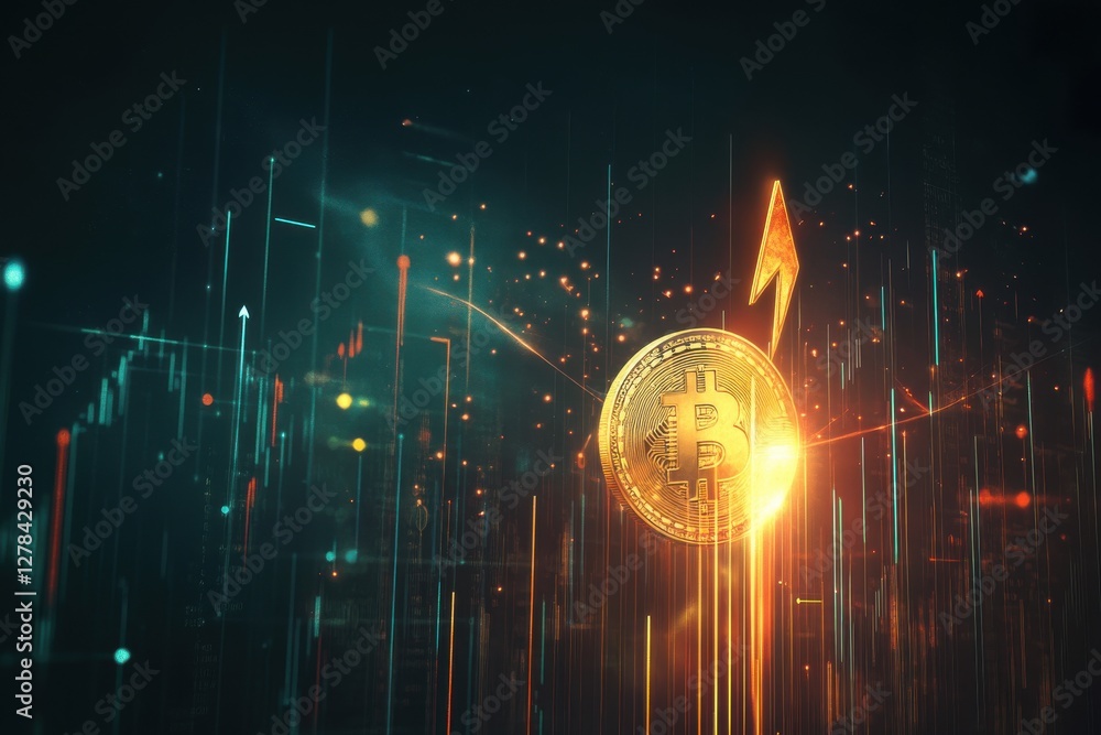 Poster bitcoin's luminous ascent: a digital golden coin rises with fiery momentum, set against a backdrop o