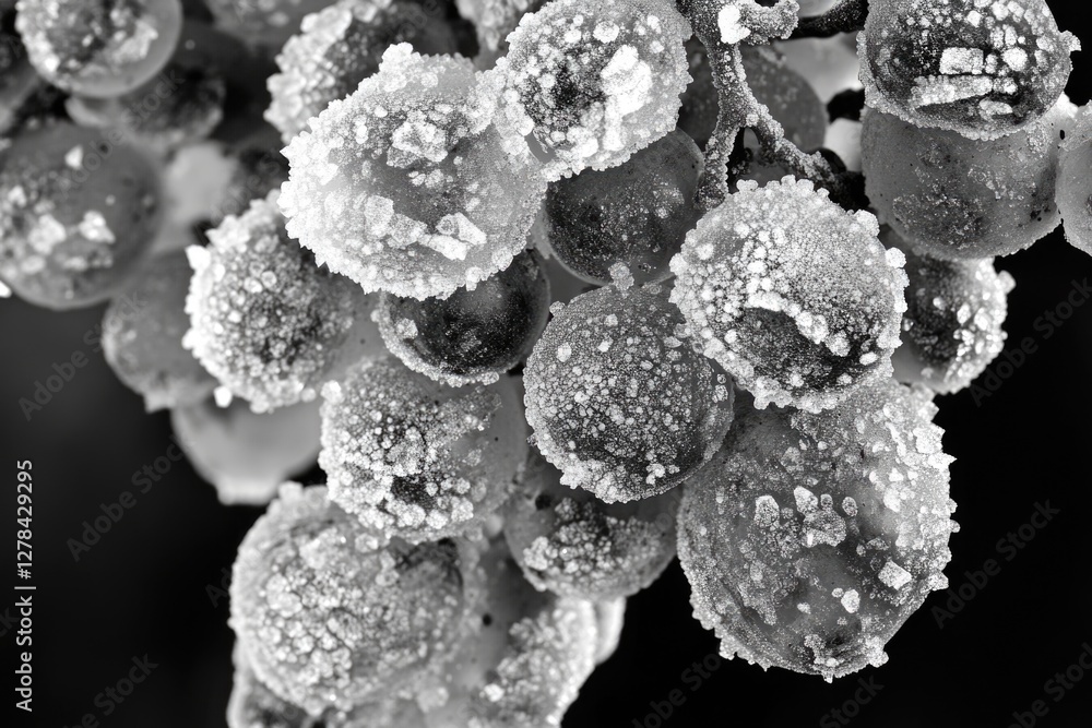 Poster a cluster of grapes frozen in ice, highlighting the texture and shape of the fruit