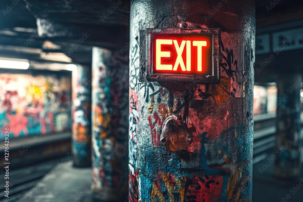 Poster a red exit sign sits on the side of a train track, with rails stretching out into the distance